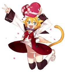Rule 34 | 1girl, :d, animal ears, black thighhighs, blush, boots, bow, bowtie, box, box of chocolates, cat ears, cat tail, choker, dress, full body, gwayo, heart, jumping, knee boots, long sleeves, open mouth, panties, red bow, red bowtie, simple background, smile, solo, tail, thighhighs, transparent background, underwear, v, white background, white dress, white panties, wind, wind lift