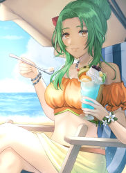 Rule 34 | 1girl, absurdres, bare shoulders, bead bracelet, bead necklace, beads, bikini, blue sky, bracelet, breasts, brown eyes, cloud, cup, day, elincia ridell crimea, feet out of frame, fire emblem, fire emblem: radiant dawn, fire emblem heroes, green hair, hair bun, hand up, highres, holding, holding cup, holding spoon, jewelry, large breasts, long hair, looking at viewer, necklace, nei (aduma1120ponpon), nintendo, ocean, off-shoulder bikini, off shoulder, orange bikini, outdoors, puffy short sleeves, puffy sleeves, sarong, short sleeves, sitting, sky, smile, solo, spoon, stomach, swimsuit, water