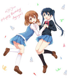 Rule 34 | 2girls, :d, absurdres, black socks, black sweater, blue eyes, blue hair, blue skirt, blue vest, blush, bow, bowtie, brown eyes, brown footwear, brown hair, character name, collared shirt, commentary request, confetti, english text, flat chest, full body, happy birthday, hat, heart, highres, holding hands, inokuma youko, interlocked fingers, kin-iro mosaic, kneehighs, komichi aya, loafers, long hair, long sleeves, looking at viewer, multiple girls, open mouth, party hat, pink bow, pink bowtie, pleated skirt, school uniform, serafuku, shirt, shoes, short hair, skirt, smile, socks, standing, standing on one leg, stick jitb, striped bow, striped bowtie, striped clothes, striped neckwear, sweater, twintails, vest, white background, white legwear, white shirt, wing collar