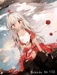 Rule 34 | 1girl, artist name, bad id, bad pixiv id, blush, dress, english text, flower, long hair, looking at viewer, open mouth, original, qtonagi, red dress, red eyes, rose, sitting, sky, solo, white hair