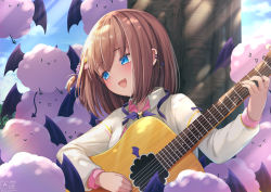 Rule 34 | &gt; &lt;, 1girl, :d, akuma saki, axel-v, blue eyes, blush, brown hair, collared shirt, commentary request, creature, day, ear piercing, guitar, hair ornament, hair scrunchie, hairpin, hand up, highres, holding, holding instrument, instrument, jacket, long sleeves, looking away, looking to the side, magowasabi, medium hair, music, open clothes, open jacket, open mouth, outdoors, piercing, playing instrument, scrunchie, shirt, signature, smile, solo, tree, twitter username, upper body, virtual youtuber, white jacket