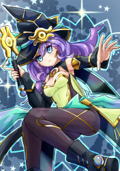 Rule 34 | 1girl, anmo nomi, bare shoulders, black choker, black pantyhose, blue background, blue eyes, blush, breasts, capelet, choker, cleavage, cowboy shot, dress, duel monster, earrings, hat, highres, holding, holding wand, jewelry, medium breasts, medium hair, nightmare apprentice, pantyhose, purple hair, solo, space print, spiked hair, star (symbol), starry sky print, wand, white dress, witch, witch hat, yu-gi-oh!