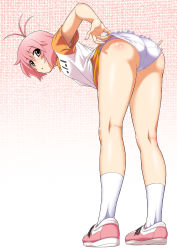Rule 34 | 1girl, :&lt;, adjusting clothes, adjusting panties, antenna hair, armpit peek, ass, bent over, blush, brown eyes, female focus, from behind, harukaze asuna, kneepits, kouda tomohiro, lace, lace-trimmed panties, lace trim, leaning forward, looking at viewer, looking back, panties, pantyshot, pink hair, pink panties, shoes, short hair, sneakers, socks, softenni, solo, sportswear, standing, tennis uniform, underwear, uniform, white panties, white socks