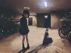 Rule 34 | 1girl, bicycle, bicycle rack, black footwear, black hair, black jacket, black legwear, black skirt, boots, buttons, commentary, daruma karei, door, drain (object), empty eyes, english commentary, fluorescent lamp, full body, grease, halo, highres, horror (theme), indoors, jacket, open clothes, open jacket, original, pleated skirt, red eyes, scenery, shadow, short hair, skirt, socks