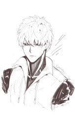 Rule 34 | 1boy, absurdres, black sclera, character name, closed mouth, colored sclera, genos, greyscale, hair between eyes, highres, jacket, kuroduki (pieat), looking at viewer, male focus, monochrome, one-punch man, solo, upper body