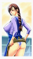 Rule 34 | 1girl, ass, braid, breasts, brown hair, curvy, large breasts, long hair, looking back, mature female, skirt, smile, solo, tatsunami youtoku, wet