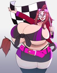 Rule 34 | 1girl, belt, black thighhighs, breasts, brown hair, bursting breasts, cleavage, collarbone, cow tail, cowboy shot, female focus, flag, flagpole, front-tie top, gigantic breasts, gradient background, highres, holding, holding flag, lips, open mouth, pink belt, plump, shiny skin, skindentation, skirt, solo, standing, strongmoist, tail, teeth, thick eyebrows, thick thighs, thighhighs, thighs, underboob, upper teeth only, whale tail (clothing), wide hips