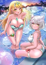 Rule 34 | 2girls, absurdres, ass, blonde hair, breasts, butt crack, chest jewel, cleavage, gem, headpiece, highres, large breasts, long hair, mio (xenoblade), multiple girls, mythra (radiant beach) (xenoblade), mythra (xenoblade), one-piece swimsuit, pool, ribbed swimsuit, strapless, strapless one-piece swimsuit, striped clothes, striped one-piece swimsuit, suzukichi (user pwmc7427), swept bangs, swimsuit, tiara, two-tone swimsuit, vertical-striped clothes, vertical-striped one-piece swimsuit, very long hair, white one-piece swimsuit, xenoblade chronicles (series), xenoblade chronicles 2, xenoblade chronicles 3, yellow eyes