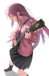 Rule 34 | 1girl, alternate breast size, black footwear, black skirt, black socks, blue eyes, blush, bocchi the rock!, breasts, cac itinose, closed mouth, commentary request, electric guitar, gotoh hitori, guitar, hair between eyes, highres, holding, holding instrument, instrument, jacket, long hair, long sleeves, looking away, looking down, music, pink hair, pink jacket, playing instrument, pleated skirt, shadow, shoes, skirt, small breasts, socks, solo, standing, sweat, track jacket, very long hair, white background