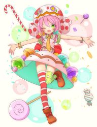 Rule 34 | 1girl, asymmetrical legwear, blush, bow, brown footwear, candy, candy cane, commentary request, food, footwear bow, full body, green eyes, hat, highres, inon, lollipop, looking at viewer, mismatched legwear, necktie, one eye closed, open mouth, original, outstretched arms, pink hair, red bow, shoes, short sleeves, skirt, smile, solo, standing, standing on one leg, swirl lollipop, thighhighs, twintails, yellow necktie