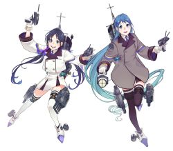 Rule 34 | 2girls, adapted turret, alternate costume, bad id, bad twitter id, black legwear, blazer, blue eyes, blue hair, blue neckwear, cannon, coat, collared shirt, commentary request, full body, gloves, gradient hair, green eyes, grey coat, highres, jacket, kantai collection, long hair, looking at viewer, low twintails, machinery, multicolored hair, multiple girls, neckerchief, necktie, original remodel (kantai collection), pleated skirt, ribbon, samidare (kancolle), school uniform, searchlight, shirt, skirt, smile, smokestack, suzukaze (kancolle), swept bangs, thighhighs, torpedo launcher, transparent background, turret, twintails, uyama hajime, very long hair, white background, white gloves, white jacket, white legwear, white skirt