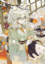 Rule 34 | 1girl, absurdres, animal, animal ear fluff, animal ears, animal on lap, bird, braid, branch, cat, cat on lap, closed mouth, commentary, cup, cushion, dated, fish, gradient hair, green hair, green kimono, grey hair, highres, holding, holding cup, japanese clothes, kimono, lantern, medium hair, multicolored hair, obi, on lap, original, paper lantern, sash, shouji, side braid, sitting, sliding doors, snowing, solo, symbol-only commentary, taowu (20809), teacup, teapot, tray, veranda, wolf ears, yarn, yarn ball, yellow eyes