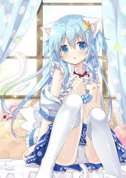 Rule 34 | 1girl, animal ears, blue eyes, blue hair, blush, breasts, cat ears, cat tail, chestnut mouth, clothes lift, commentary request, frills, hair ornament, hairclip, long hair, looking at viewer, matching hair/eyes, mint (mitsuki), mint (yano mitsuki), mitsuki, nipples, no bra, open mouth, original, panties, pantyshot, scrunchie, shirt lift, sitting, skirt, sleeveless, small breasts, solo, tail, thighhighs, two side up, underwear, white panties, white thighhighs, wrist scrunchie, yano mitsuki (nanairo)