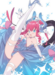 Rule 34 | 1girl, :d, bare shoulders, blade (galaxist), blue dress, blue footwear, blue leotard, bow, breasts, dress, elbow gloves, elizabeth bathory (cinderella rider) (fate), elizabeth bathory (fate), fate/grand order, fate (series), gloves, high heels, horns, leotard, looking at viewer, open mouth, pink bow, pink hair, shoes, small breasts, smile, solo, split, standing, standing on one leg, standing split, strapless, strapless leotard, thighhighs, white gloves, white thighhighs