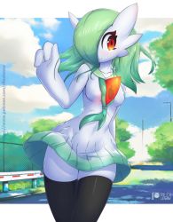 Rule 34 | 1girl, arm behind back, artist name, black thighhighs, blue sky, blush, breasts, chain-link fence, closed mouth, cloud, collarbone, colored skin, cowboy shot, creatures (company), day, dress, female focus, fence, game freak, gardevoir, gen 3 pokemon, green hair, green neckerchief, green sailor collar, hair over one eye, hand up, happy, highres, letterboxed, light blush, long hair, looking to the side, medium breasts, neckerchief, nintendo, one eye covered, outdoors, outside border, patreon logo, patreon username, pokemon, pokemon (creature), power lines, red eyes, rilex lenov, sailor collar, short dress, skindentation, sky, smile, solo, standing, thighhighs, thighs, tree, utility pole, watermark, web address, white dress, white skin, zettai ryouiki