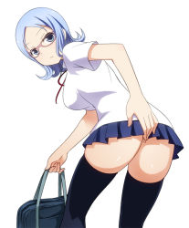 Rule 34 | 1girl, ass, atago kinue, bag, black thighhighs, blue eyes, blue hair, blush, covering ass, covering privates, female focus, from behind, glasses, leaning forward, long hair, looking at viewer, looking back, no panties, saki (manga), school bag, school uniform, simple background, skirt, thighhighs, umekichi, white background