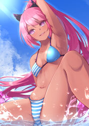 Rule 34 | 1girl, armpits, bikini, breasts, dark skin, day, grace (sound voltex), highres, kuro (be ok), long hair, looking at viewer, medium breasts, navel, pink eyes, pink hair, ponytail, smile, solo, sound voltex, striped bikini, striped clothes, swimsuit, very long hair, water