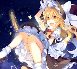 Rule 34 | 1girl, :d, arm up, black footwear, blonde hair, bloomers, bow, braid, broom, broom riding, commentary request, frills, gloves, hair bow, hand on headwear, hat, hat bow, kirisame marisa, knees together feet apart, long hair, open mouth, paragasu (parags112), puffy short sleeves, puffy sleeves, red bow, short sleeves, side braid, single braid, smile, socks, solo, star (symbol), touhou, underwear, white bow, white gloves, white socks, witch hat, yellow eyes
