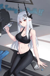 Rule 34 | 1girl, absurdres, arknights, bare arms, bare shoulders, black pants, bottle, bowlp, breasts, cleavage, commentary, crop top, feet out of frame, highres, holding, holding bottle, large breasts, leggings, long hair, looking at viewer, midriff, mudrock (arknights), navel, pants, parted lips, pointy ears, red eyes, rhodes island logo (arknights), sitting, solo, sports bra, stomach, very long hair, water bottle, white hair
