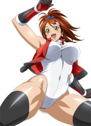Rule 34 | 00s, 1girl, bachou mouki, breasts, brown hair, cleavage, female focus, fingerless gloves, gloves, ikkitousen, legs, leotard, long hair, looking at viewer, midriff, navel, official art, open mouth, shiny clothes, smile, solo, taut clothes, yellow eyes