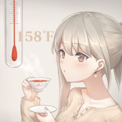 Rule 34 | bad id, bad pixiv id, blowing, blush, breasts, brown shirt, collarbone, commentary request, cup, drum (acta2436), earrings, fingernails, gradient background, grey background, highres, holding, holding cup, jewelry, liquid-in-glass thermometer, long sleeves, nail polish, original, partially unbuttoned, pink nails, red eyes, saucer, shirt, short hair, short ponytail, single sidelock, small breasts, steam, tea, teacup, thermometer, upper body
