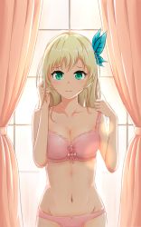 Rule 34 | 1girl, aqua eyes, backlighting, blonde hair, blush, boku wa tomodachi ga sukunai, bow, bow bra, bow panties, bra, bra pull, breasts, butterfly hair ornament, chinese commentary, cleavage, closed mouth, clothes pull, collarbone, commentary request, curtains, female focus, frown, groin, hair ornament, hand in own hair, highres, indoors, kashiwazaki sena, lace, lace-trimmed bra, lace trim, light blush, lingerie, long hair, looking at viewer, medium breasts, navel, nyakon, panties, pink bra, pink panties, pulling own clothes, skindentation, solo, standing, strap slip, underwear, underwear only, upper body, wavy mouth, window