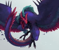 Rule 34 | bird, creature, digimon, digimon (creature), highres, kira (kira dra), looking at viewer, monster, no humans, ornismon, simple background, tail, twitter username, upper body, wings