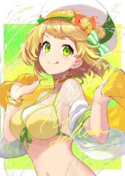 Rule 34 | 1girl, :q, bare shoulders, bikini, blonde hair, blush, bracelet, breasts, choker, cleavage, closed mouth, flower, front-tie bikini top, front-tie top, gradient background, green eyes, green nails, green ribbon, hair flower, hair ornament, highres, holding, holding towel, jewelry, looking at viewer, medium breasts, nail polish, orange choker, orange flower, original, ribbon, short hair, smile, solo, swimsuit, tareme, tongue, tongue out, towel, upper body, water, white headwear, yellow bikini