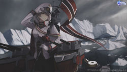 Rule 34 | 1girl, absurdres, azur lane, black skirt, blue eyes, breasts, capelet, closed mouth, cloud, cloudy sky, coat, commentary, copyright name, cowboy shot, cross, cross earrings, earrings, english commentary, expressionless, flag, gloves, grey sky, hand on headwear, hara shoutarou, hat, highres, holding, holding flag, ice floe, iceberg, iron cross, jewelry, logo, long sleeves, medium breasts, military, military hat, military uniform, ocean, official art, peaked cap, rigging, short hair, silver hair, skirt, sky, solo, tirpitz (azur lane), turret, uniform, water, watermark, white capelet, white coat, white gloves, white hat