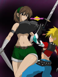 Rule 34 | 1boy, 1girl, absurdres, assertive female, blonde hair, bouncing breasts, breast attack, breasts, brown hair, disarming, femdom, fighting, height difference, highres, huge breasts, kyle dunamis, large breasts, nipples, surprised, sword, tales of (series), tales of destiny 2, thick thighs, thighs, weapon, wide hips, you gonna get raped