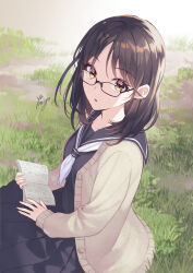 Rule 34 | 1girl, black-framed eyewear, black hair, black sailor collar, black serafuku, black shirt, black skirt, book, brown eyes, buttons, cardigan, commentary, commission, day, feet out of frame, glasses, grass, grey cardigan, holding, holding book, long sleeves, looking at viewer, medium hair, open book, open cardigan, open clothes, original, outdoors, parted lips, pleated skirt, sailor collar, school uniform, serafuku, shirt, signature, single stripe, sitting, skirt, sleeves past wrists, solo, striped, unbuttoned, white stripes, yamigo