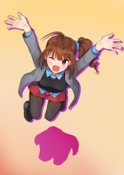 Rule 34 | 1girl, ahoge, arms up, black pantyhose, blush, breasts, brown hair, collared shirt, drill hair, full body, idolmaster, idolmaster million live!, kamille (vcx68), long sleeves, looking at viewer, medium breasts, one eye closed, open mouth, pantyhose, purple eyes, scrunchie, shirt, short hair, side drill, smile, solo, yokoyama nao
