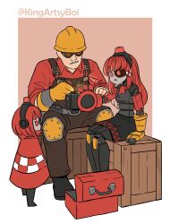 Rule 34 | 1boy, 2girls, :&lt;, alarm siren, arm cannon, artist name, black dress, black footwear, blunt bangs, border, borrowed character, box, checkered trim, cloak, closed mouth, commentary, crate, dress, engineer (tf2), english commentary, fewer digits, gloves, goggles, hard hat, hat, headgear, height difference, helmet, highres, joints, kingartsyboi, light brown background, long hair, maintenance, mimi-sentry (flyingpiggles), mini-sentry-chan (fizzywattr), multiple girls, no heterochromia, on box, original, overalls, parted lips, personification, red cloak, red engineer (tf2), red eyes, red hair, red shirt, robot, robot girl, robot joints, shirt, short sleeves, simple background, single glove, sitting, sitting on box, soldering iron, sparks, team fortress 2, toolbox, twitter username, weapon, white border, yellow gloves