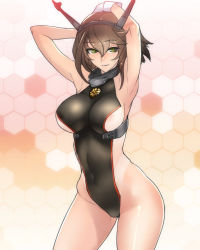 Rule 34 | 10s, 1girl, alternate costume, armpits, arms behind head, arms up, ban! (bansankan), blush, breasts, brown hair, collar, competition swimsuit, covered navel, gloves, green eyes, hair ornament, headgear, highleg, highleg swimsuit, highres, kantai collection, large breasts, looking at viewer, mutsu (kancolle), one-piece swimsuit, short hair, smile, solo, swimsuit