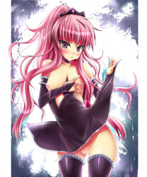 Rule 34 | 00s, 1girl, arm garter, blush, breasts, clothes lift, detached sleeves, dress, dress lift, elbow gloves, embarrassed, flat chest, gloves, long hair, louise francoise le blanc de la valliere, nipples, no panties, pink eyes, pink hair, pussy, short dress, solo, standing, thighhighs, tiara, uncensored, wardrobe malfunction, watanaba, zero no tsukaima, zettai ryouiki