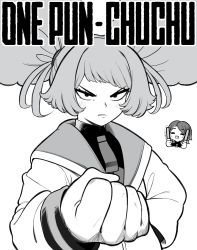 Rule 34 | 2girls, ^ ^, afro puffs, alzcats, asticassia school uniform, chibi, chuatury panlunch, clenched hand, closed eyes, cropped torso, double bun, greyscale, gundam, gundam suisei no majo, hair bun, hand on own hip, highres, holding glowstick, hood, hoodie, jacket, looking at viewer, monochrome, multiple girls, nika nanaura, one-punch man, parody, parted bangs, school uniform, short bangs, title parody, upper body, v-shaped eyebrows