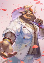 Rule 34 | 1boy, absurdres, animal ears, bara, beckoning, bouquet, brown fur, bulge, character request, cow ears, cow horns, facial hair, flower, furry, furry male, goatee, gyumao (housamo), highres, holding, holding bouquet, horns, itohiro, large pectorals, male focus, minotaur, muscular, muscular male, pants, partially unbuttoned, pectoral cleavage, pectorals, petals, rose petals, short hair, sleeves rolled up, smile, solo, tokyo houkago summoners, white pants