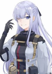 Rule 34 | 1girl, absurdres, ak-12 (girls&#039; frontline), alternate costume, ammunition belt, arm up, black bodysuit, black gloves, blue eyes, bodysuit, braid, breasts, cosplay, defy (girls&#039; frontline), french braid, girls&#039; frontline, gloves, grey hair, highres, light purple hair, long hair, looking at viewer, medium breasts, one eye closed, open mouth, ponytail, rpk-16 (girls&#039; frontline), rpk-16 (girls&#039; frontline) (cosplay), smile, solo, sorayan 03, tactical clothes, upper body, white background, wide sleeves