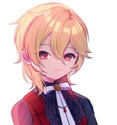 Rule 34 | 1boy, androgynous, black shirt, blonde hair, closed mouth, collared shirt, ensemble stars!, jewelry, long sleeves, looking at viewer, male focus, necklace, nito nazuna, red eyes, red vest, rinndouk, shirt, short hair, solo, vest, white background
