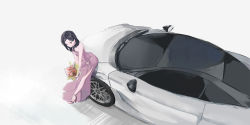 Rule 34 | 1girl, bare arms, bare shoulders, black hair, bouquet, brown eyes, car, closed mouth, commentary, dress, earrings, flower, full body, hair behind ear, high heels, highres, jewelry, leaning, long dress, long hair, motor vehicle, original, purple dress, side slit, simple background, smile, solo, standing, strapless, strapless dress, teraka1110, vehicle focus, white background