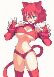 Rule 34 | 1girl, animal ears, aqua eyes, breasts, cat ears, cat tail, character request, claw pose, cleavage, cleavage cutout, clothing cutout, commentary, english commentary, fang, galfro: gal&#039;s frontier, gals frontier, gloves, inkerton-kun, large breasts, navel, open mouth, panties, red hair, red panties, red thighhighs, sex kitten sim-date, short hair, simple background, skindentation, slit pupils, slutty mcslut, smile, solo, tail, thighhighs, underboob, underwear, uneven eyes, white background