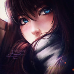 Rule 34 | 1girl, artist name, axsen, blue eyes, brown hair, covered mouth, eyebrows, eyelashes, face, hair between eyes, lens flare, original, scarf, scarf over mouth, signature, solo, watermark, web address