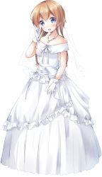 Rule 34 | 10s, 1girl, :d, blue eyes, blush, braid, bridal veil, brown hair, collarbone, dress, full body, gloves, jewelry, kantai collection, looking at viewer, necklace, open mouth, smile, solo, teruzuki (kancolle), twin braids, veil, wedding dress, yuko (kwong159)