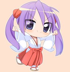 Rule 34 | 1girl, arms up, blue eyes, blush, bow, brown footwear, chibi, clenched hands, closed mouth, commentary request, full body, hair bow, hakama, hakama skirt, hiiragi kagami, japanese clothes, lets0020, long hair, long sleeves, looking at viewer, lucky star, medium bangs, miko, pink background, purple hair, red bow, red skirt, sandals, shirt, simple background, skirt, smile, socks, solo, tabi, twintails, v-shaped eyebrows, white shirt, white socks, wide sleeves, zouri