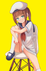 Rule 34 | 1girl, beret, blue footwear, blue sailor collar, blunt bangs, blush, brown hair, cameltoe, chair, cleft of venus, closed mouth, collarbone, dress, green eyes, hat, head tilt, holding, kneehighs, long hair, looking at viewer, mary janes, neckerchief, object insertion, original, panties, red neckerchief, remote control vibrator, sailor collar, sailor dress, sex toy, shoes, short sleeves, sidelocks, sitting, socks, solo, surio, twintails, underwear, vaginal, vaginal object insertion, vibrator, vibrator under clothes, vibrator under panties, white dress, white hat, white panties, white socks