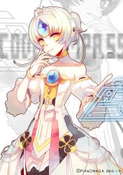Rule 34 | 1girl, athria, bare shoulders, collarbone, crown, detached sleeves, elsword, eve (elsword), facial mark, forehead jewel, highres, holographic touchscreen, silver hair, skirt, smile, yellow eyes