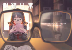 Rule 34 | 1girl, 2018, artist name, backlighting, black-framed eyewear, black serafuku, blurry, blurry foreground, blush, book, bookshelf, brown hair, chair, chromatic aberration, commentary request, covering own mouth, day, depth of field, drawing, english text, expressionless, fingernails, glasses, green eyes, hair over shoulder, heart, holding, holding book, indoors, library, long sleeves, looking at viewer, medium hair, neckerchief, on chair, open book, original, parted bangs, pov, red neckerchief, rotix, school uniform, semi-rimless eyewear, serafuku, shade, shadow, sketching, solo, sunlight, table, twintails, upper body, window
