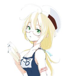 Rule 34 | 10s, 1girl, 2015, 4suke, :o, aqua eyes, blonde hair, book, breasts, cleavage, dated, female focus, glasses, hair ribbon, hat, holding, holding book, i-8 (kancolle), kantai collection, large breasts, long hair, name tag, one-piece swimsuit, open mouth, ribbon, sailor hat, school swimsuit, simple background, solo, swimsuit, twintails, twitter username, white background, white ribbon