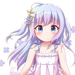 Rule 34 | 1girl, bare arms, bare shoulders, blue eyes, blue hair, blueberry hair ornament, blush, closed mouth, collarbone, commentary request, dress, floral background, food-themed hair ornament, glint, gochuumon wa usagi desu ka?, goth risuto, hair ornament, kafuu chino, long hair, looking at viewer, ribbon-trimmed dress, simple background, sleeveless, sleeveless dress, solo, two side up, very long hair, white background, white dress