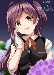 Rule 34 | 1girl, black vest, blurry, blurry background, blurry foreground, blush, breast pocket, breasts, dated, empty eyes, flower, hagikaze (kancolle), highres, hydrangea, kamelie, kantai collection, long hair, neck ribbon, one-hour drawing challenge, one side up, pink eyes, pocket, purple hair, red ribbon, ribbon, shirt, short sleeves, signature, simple background, solo, upper body, vest, white shirt, yandere